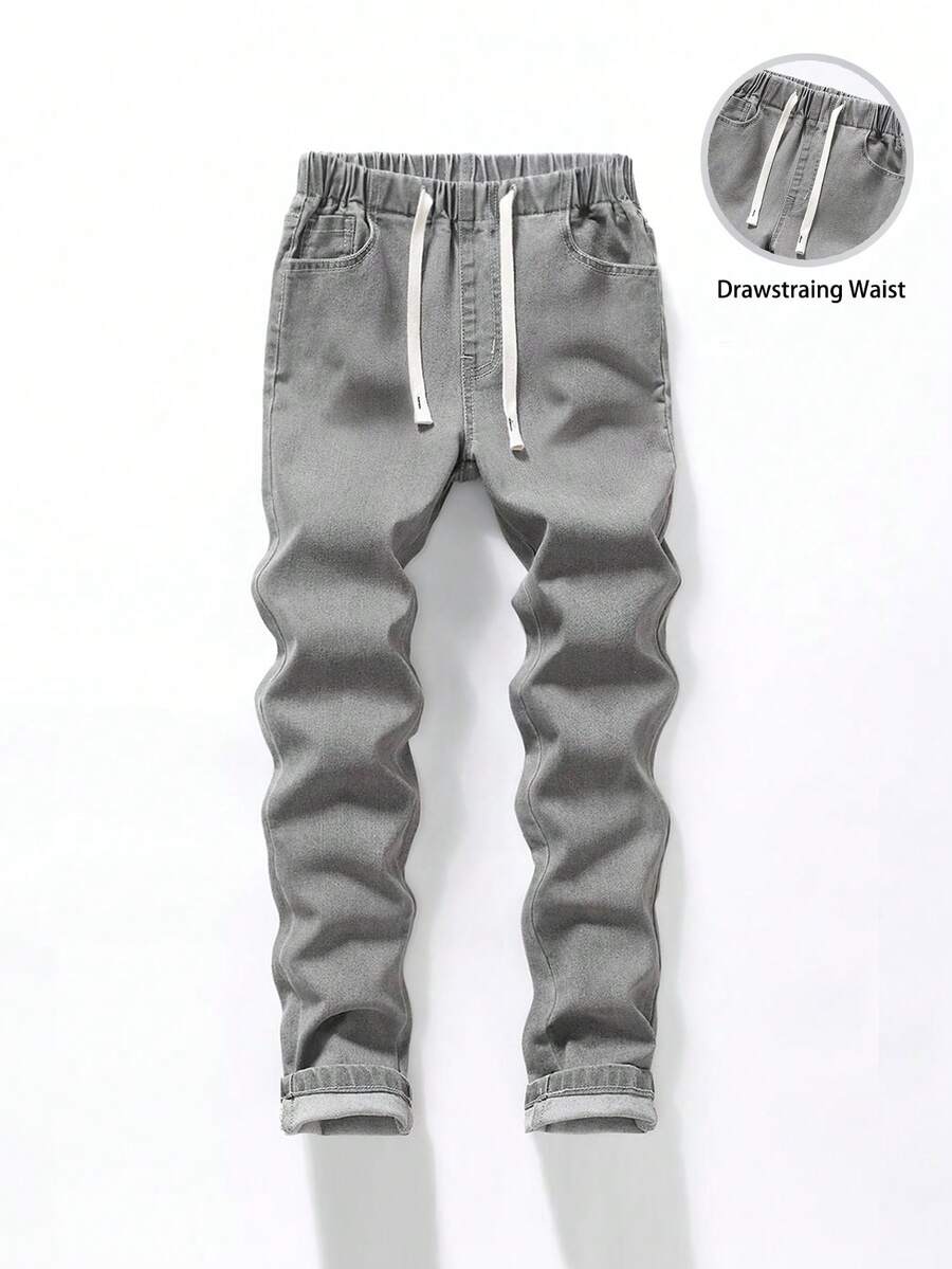 SHEIN Tween Boy 休闲松紧腰百搭弹力灰色牛仔裤 - 淺灰色 - 查看 1