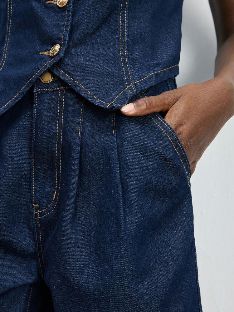 SHEIN Maija Women's Round Neck Single-Breasted Placket Vest Top And Button Pocket Shorts Casual Denim Outfit