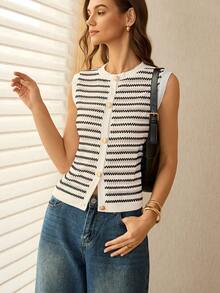 Lymera Spring/Summer New Fashion Casual Versatile Black & White Jacquard Knit Fabric Metal Buckle Tank Top - Multicolor - View 4