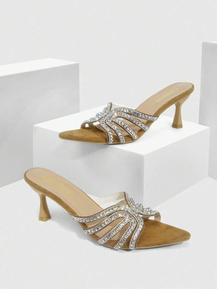 CUCCOO SZL Women's Pointed Toe High Heel Sandals, Apricot Color With Rhinestone Strap, Fashionable Sexy Elegant Party/Date Dress Heels Valentine's Day