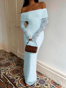 Sunnyshic 优雅纯色蕾丝露肩婚礼圣诞派对礼服 - 薄荷藍 - 查看 6