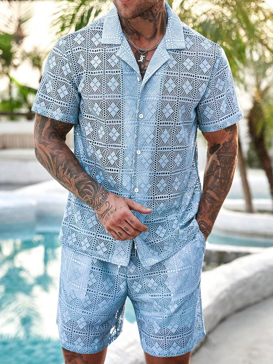 Manfinity RSRT 男士度假休闲镂空针织衫短裤套装 男士度假短裤套装 男士两件套 夏季蓝色两件套 男士两件套休闲短裤套装 男士浅蓝色短裤套装 - 淺藍色 - 查看 1