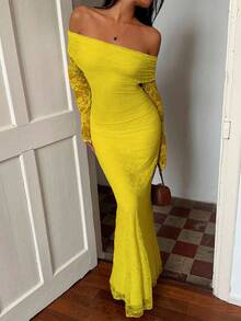 Flirla Elegant Solid Color Lace Off-Shoulder Wedding Christmas Party Dress - Yellow - View 7