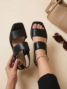 Tacones de bloque con punta cuadrada, antideslizante con hebilla dorada y elegantes - Negro - Ver 7