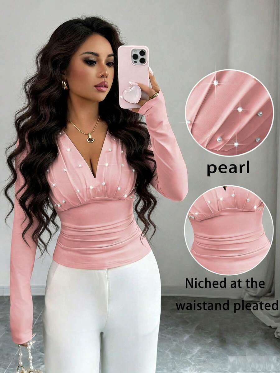 Elenzga 女式时尚优雅V领仿珍珠腰长袖T恤 - 粉色 - 查看 1