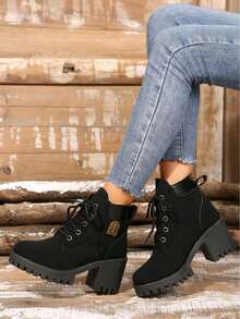 .Nuevos botines de tacón alto con adornos para otoño/invierno. Botas de mujer con tacón grueso, cordones y punta redonda.(Altura del tacón 7 cm) - Negro - Ver 5