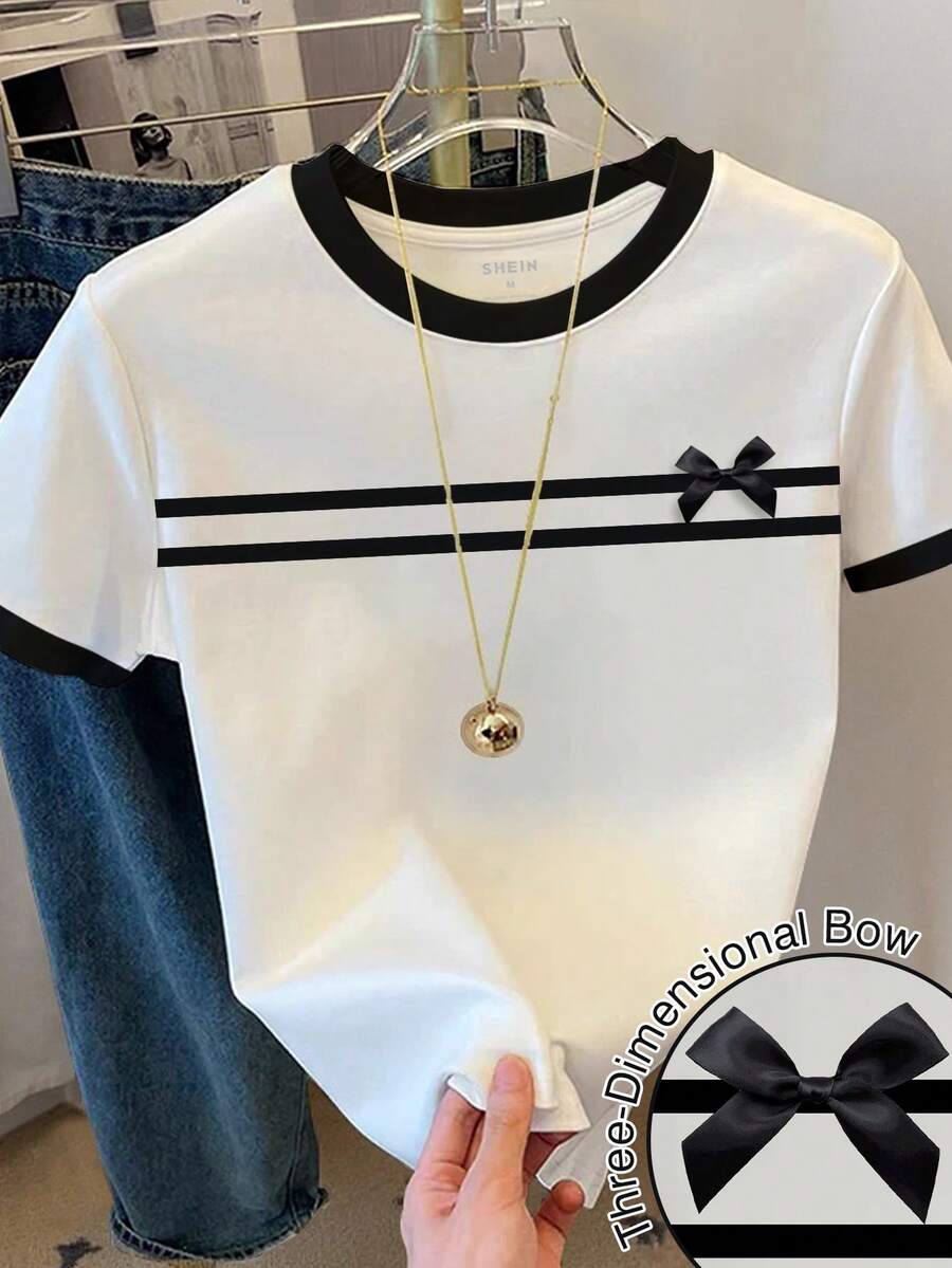 Resyla 女士休闲条纹印花蝴蝶结装饰撞色圆领T恤，夏季 - 黑色 - 查看 1