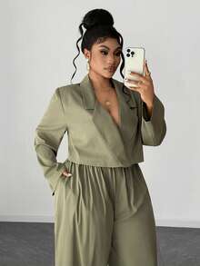 Maweii Ensemble décontracté de grande taille pour femmes, composé d'un Top à col cranté et manches longues, et d'un pantalon fuselé. Convient pour le travail et les déplacements. - Militaire verte - Voir 3