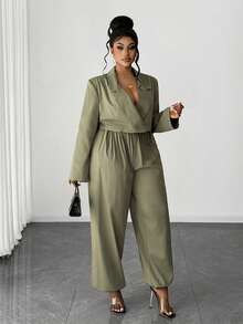 Maweii Ensemble décontracté de grande taille pour femmes, composé d'un Top à col cranté et manches longues, et d'un pantalon fuselé. Convient pour le travail et les déplacements. - Militaire verte - Voir 5