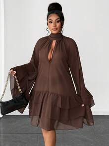 Maweii Plus Size Women Ruffle Chiffon Sexy Bow Tie Dress - Brown - View 2