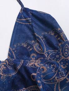 Sweetra Women's Blue Paisley Cashew Floral Print V-Neck Halter Backless Asymmetric Hem Cropped Top With Layered Ruffle Skirt And Side Tie, Sexy Boho Vacation Outfit. Spring/Summer. Perfect Summer Holiday Outfits. - Blue - View 3