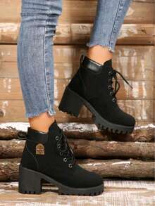 .Nuevos botines de tacón alto con adornos para otoño/invierno. Botas de mujer con tacón grueso, cordones y punta redonda.(Altura del tacón 7 cm) - Negro - Ver 6