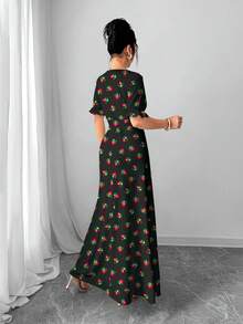 Al Najma 黑色花卉植物印花圆领短袖A字连衣裙，女士，春夏款 - 彩色 - 查看 2