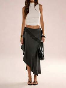 Avenya Waist Folding Contrast Lace Satin Asymmetrical Hem Skirt - Black - View 1
