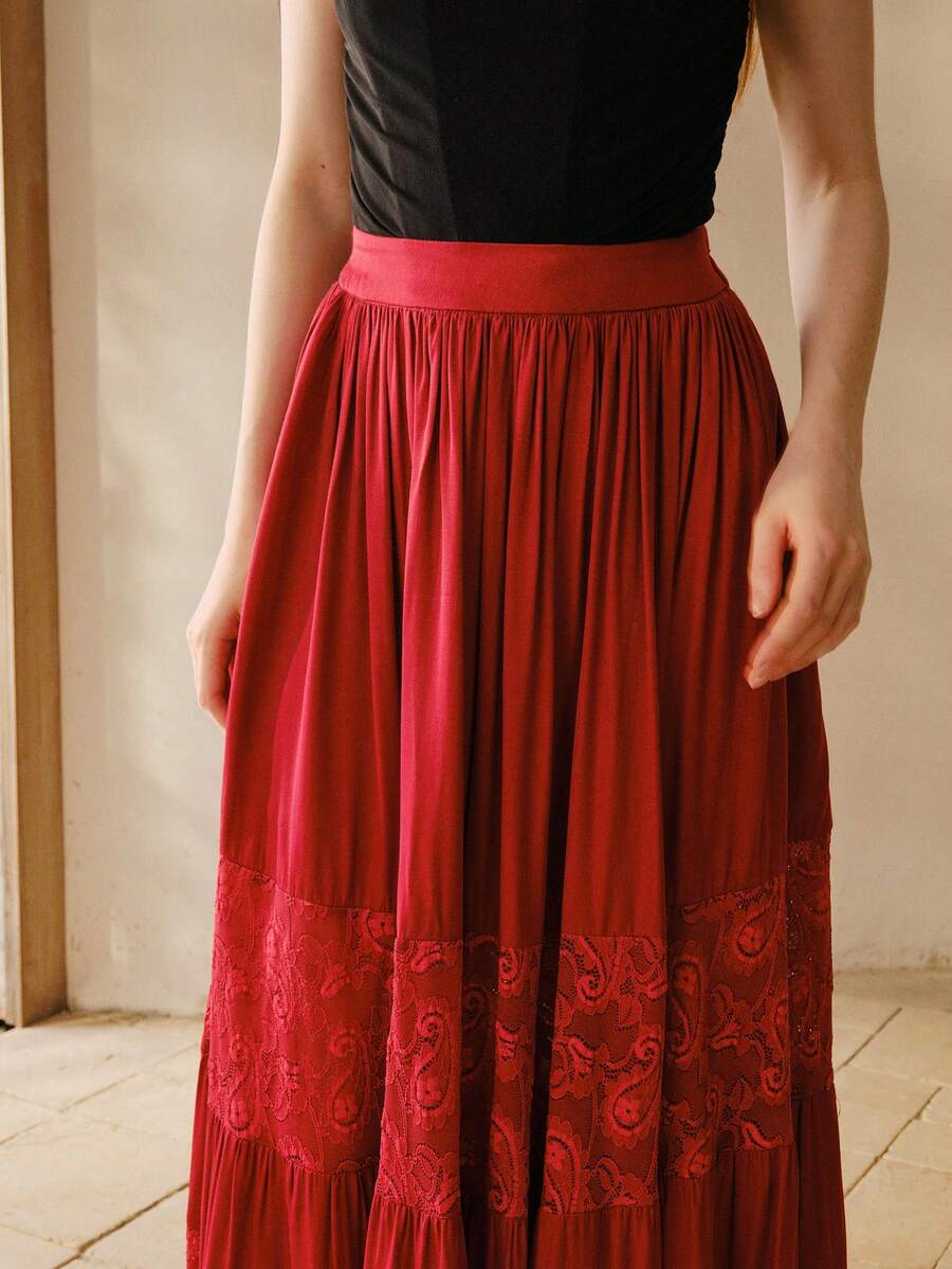 MOTF PREMIUM WOMEN'S CONTRAST LACE RUFFLE HEM SKIRT - Burgundy - View 2
