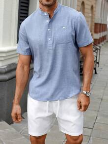 Manfinity Homme Plus Size Men's Blue Short Sleeve Shirt And White Shorts Set - Baby Blue - View 4