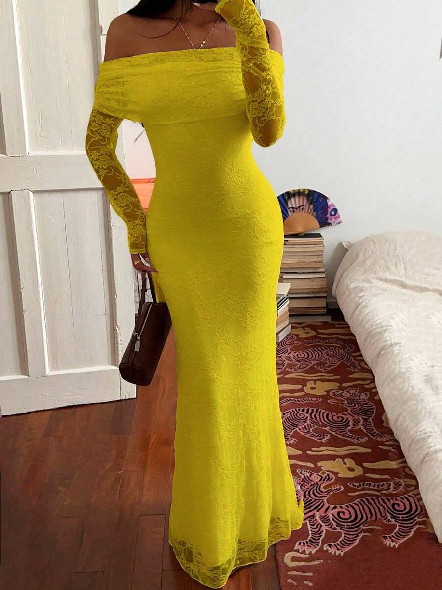 Flirla Elegant Solid Color Lace Off-Shoulder Wedding Christmas Party Dress - Yellow - View 1