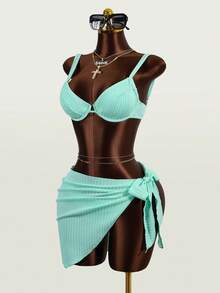 Zestiva Trang phục đi biển mùa hè thoải mái cho nữ, bộ bikini 3 mảnh màu xanh lá nhạt trơn với dây đeo điều chỉnh được, áo tankini và váy bằng vải có họa tiết, trang phục đi biển, trang phục nghỉ xuân, phong cách lễ hội dành cho nữ năm 2026, trang phục đi biển cho nữ, thanh lịch, kỳ nghỉ, thoải mái - màu xanh lá - Xem 1