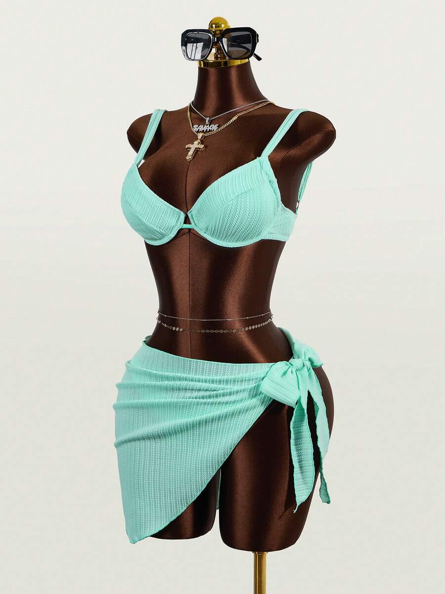 Zestiva Trang phục đi biển mùa hè thoải mái cho nữ, bộ bikini 3 mảnh màu xanh lá nhạt trơn với dây đeo điều chỉnh được, áo tankini và váy bằng vải có họa tiết, trang phục đi biển, trang phục nghỉ xuân, phong cách lễ hội dành cho nữ năm 2026, trang phục đi biển cho nữ, thanh lịch, kỳ nghỉ, thoải mái - màu xanh lá - Xem 1