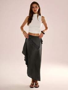 Avenya Waist Folding Contrast Lace Satin Asymmetrical Hem Skirt - Black - View 6