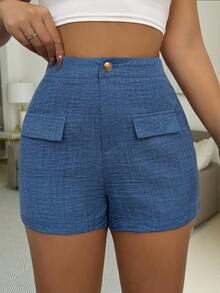 Vavine Summer Casual Blue Straight Textured Elastic Waist Shorts - Blue - View 6