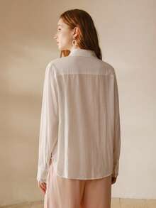 MOTF PREMIUM ELEGANT FRENCH STYLE FLORAL LACE PATCHWORK LINEN COLLARED LONG SLEEVE BLOUSE FOR WOMEN - White - View 3