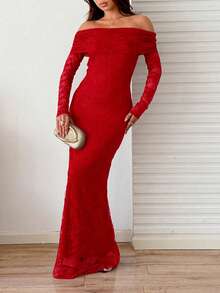 Sunnyshic Elegant Wedding Christmas Party Dress, Solid Color Lace Off Shoulder Mermaid Dress - Red - View 5