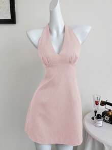 Elamini Deep V-Neck Halter Tie Knot Backless A-Line Dress, Elegant & Sexy, Spring/Summer - Baby Pink - View 4