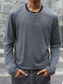 PAVTROS 男士休闲撞色滚边圆领长袖T恤，秋季款 - 深灰色 - 查看 3