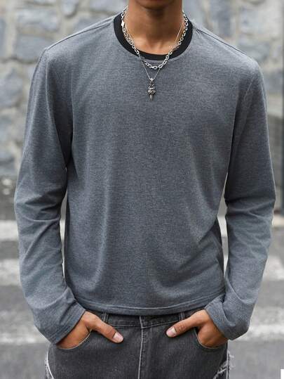 PAVTROS 男士休闲撞色滚边圆领长袖T恤，秋季款