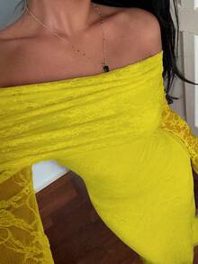 Flirla Elegant Solid Color Lace Off-Shoulder Wedding Christmas Party Dress - Yellow - View 8