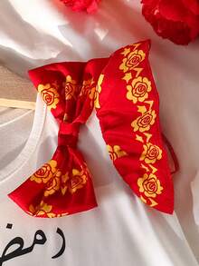 女童休闲圆领荷叶袖蝴蝶结印花连衣裙，适合夏季户外度假 - 紅色 - 查看 4