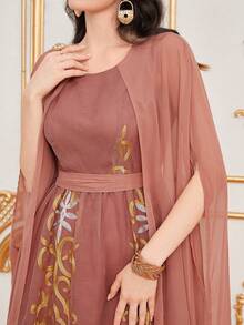 SHEIN Najma Elegant Embroidered Fabric Dress With Long Sleeves And Waist Cinching, Stylish And Flattering For Young Women - Pink - View 8