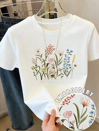 Resyla Oversized Wild Flower Plant Embroidery T-Shirt, Floral Embroidery T-Shirt, Summer Round Neck Short Sleeve T-Shirt