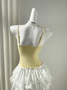 Elamini Yellow Contrast Ruffle Trim V-Neck Cinched Waist Camisole Tank Top For Women, Spring/Summer , Vacation, Elegant Retro Romantic Sweet Casual Versatile - Yellow - View 3