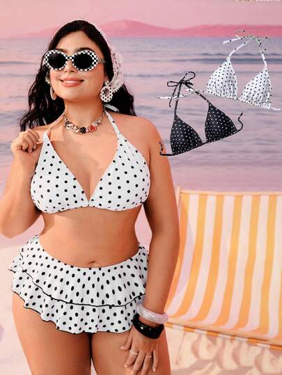 Swim Mod Plus Size Black & White Polka Dot Halter Bikini Top With Tie Strap, Vacation Beach Swimwear