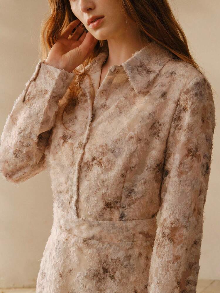 WOMEN'S MID-LENGTH TIE DYE TEXTURED WAIST CINCHING ELEGANT SHIRT DRESS
