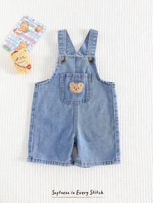 Cozy Pixies 男婴卡通熊图案前口袋牛仔背带短裤 - 中等水洗藍 - 查看 8