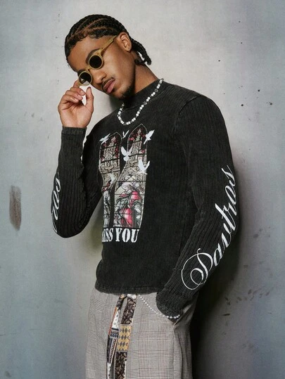 PAVTROS Young Men's Street Style Long Sleeve T-Shirt, Round Neck Long Sleeve T-Shirt, Vintage Distressed Fleece Fabric, Ribbed Texture Fabric, Featuring Religious Graphic Print, Y2K Style, Retro Handwritten Design, High Street Fashion, Unique Personalized, Youthful, Holiday Gift, Boyfriend Gift