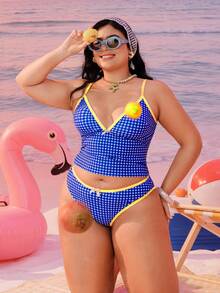 Swim Mod Plus Size Women 2-Piece Random Geometric Square Print Fashion Vacation Casual Slimming Modest Bow Adjustable Thick Strap High Waist High Leg Opening Triangle Bikini Swimsuit 2026 New Backless Tankini Set - Multicolor - View 5