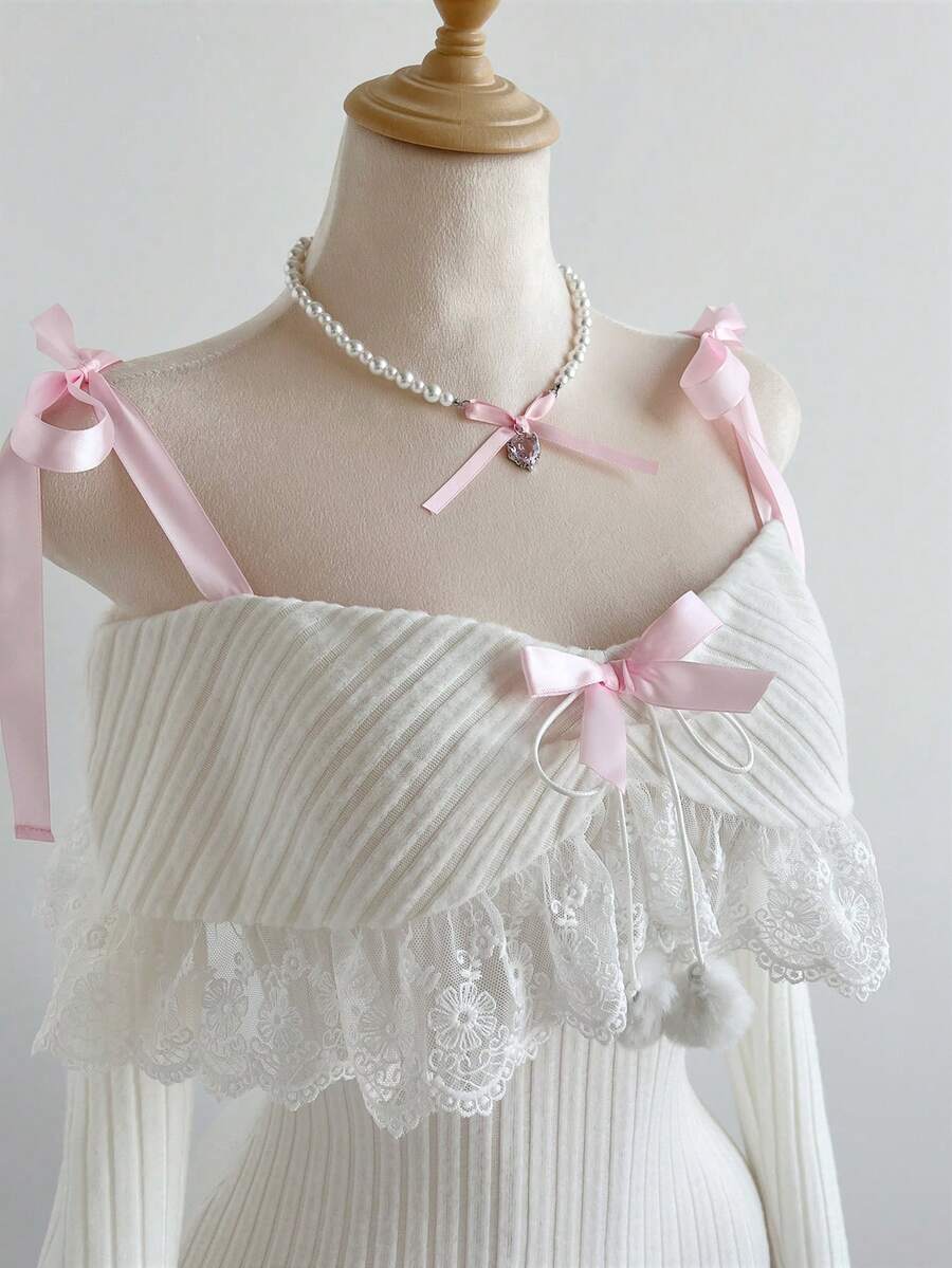 Elamini Đầm len dệt kim màu trắng phối lông giả, điểm nhấn là nơ hồng, kiểu dáng trễ vai, không tay, ôm sát, ngọt ngào, dễ thương, thanh lịch theo phong cách Y2K cho mùa xuân/hè, đa năng cho năm mới và mặc hàng ngày. - trắng - Xem 1