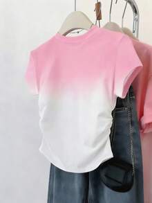 Resyla Áo nữ kiểu dáng thường ngày, phong cách ngọt ngào, thiết kế thanh lịch, hàng mới về mùa hè, thể thao ngoài trời, áo thun ngắn tay xếp ly ôm eo, họa tiết in, màu ombre, áo thun nữ. - Hồng - Xem 2