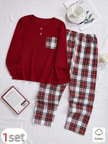 8Y-12Y Boys' Sleepwear Set, Red Solid Top & Plaid Pants, Comfortable Fabric - Red - View 7
