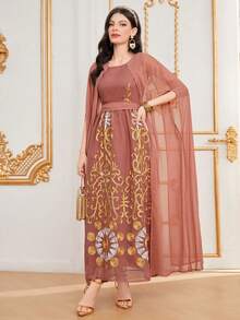 SHEIN Najma Elegant Embroidered Fabric Dress With Long Sleeves And Waist Cinching, Stylish And Flattering For Young Women - Pink - View 4