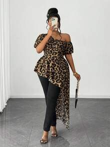 Maweii Plus Size Leopard Print Asymmetric Hem Sexy Shoulder Shirt - Brown - View 1