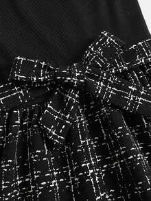 少女优雅通勤休闲泡泡袖条纹格纹中长连衣裙，系带细节，吊带裙，女童连衣裙，黑色女童连衣裙，荷叶边下摆女童连衣裙，返校季，春节，派对 - 黑色 - 查看 4