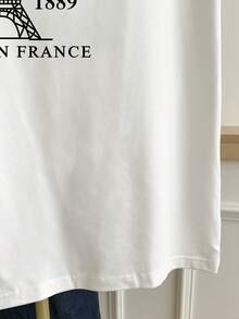 Franclia Camiseta de mujer con cuello redondo, estampado de la Torre Eiffel de París y letras, con bloques de color - Blanco - Ver 5