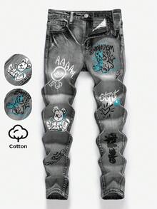SHEIN 青少年男童休闲水洗涂鸦印花修身牛仔裤 - 黑色 - 查看 8