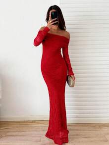 Sunnyshic Elegant Wedding Christmas Party Dress, Solid Color Lace Off Shoulder Mermaid Dress - Red - View 3