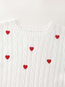 SHEIN Franclia Heart Pattern Cable Knit Casual Crew Neck Long Sleeve Pullover Sweater - White - View 6